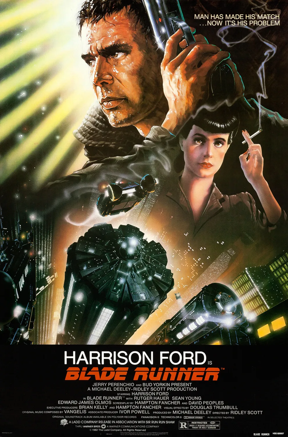 Deckard looking over neon-lit Los Angeles