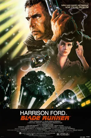 Deckard looking over neon-lit Los Angeles